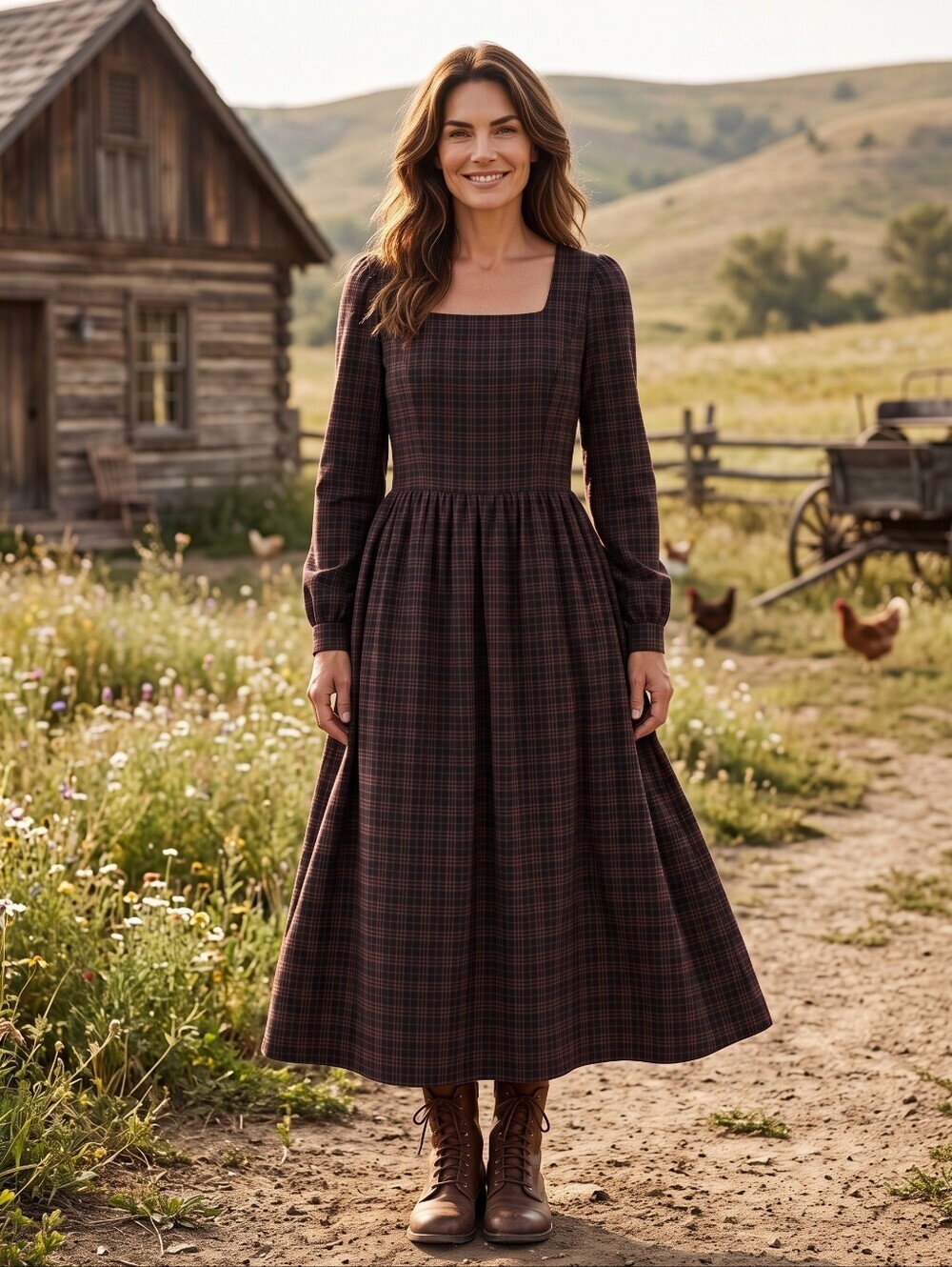 Laura Ashley Vintage Dark Plaid Long Sleeve Prairie Dress